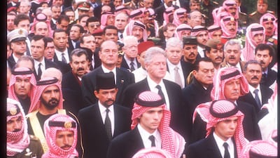 From left: Sheikh Mohammed bin Rashid, Vice President and Ruler of Dubai; the Sultan of Brunei; former French president Jacques Chirac; former United States presidents Jimmy Carter and Bill Clinton, with the King of Morocco, who was crown prince at the time, behind Clinton; former Egyptian leader Hosni Mubarak; and former Yemen president Ali Abdullah Saleh, far right. Getty Images