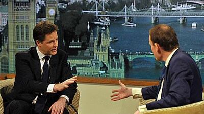 The deputy prime minister Nick Clegg, left, tells BBC presenter Andrew Marr of his bitter disappointment at UK prime minister David Cameron's decision to veto changes to the European Union treaty.