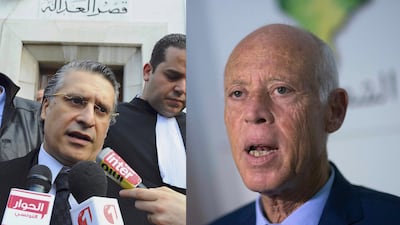 A combination photo shows Nabil Karoui speaking to press after his trial in Tunis in 2012, left, and Kais Saied speaking to the media in Tunis. AP Photo