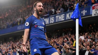 Chelsea's Gonzalo Higuain celebrates after scoring against Burnley. EPA