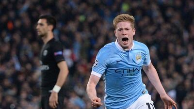 Manchester City’s Belgian midfielder Kevin De Bruyne celebrates after scoring during the Uefa Champions league quarter-final second leg football match between Manchester City and Paris Saint-Germain at the Etihad stadium in Manchester on April 12, 2016. AFP / OLI SCARFF