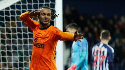 Newcastle United's Valentino Lazaro celebrates scoring their third goal for a 3-0 lead over West Brom. Reuters