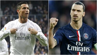Cristiano Ronaldo, left, and Zlatan Ibrahimovic, right, are likely to play key roles for Real Madrid and Paris Saint-Germain respectively if both clubs are to reach the Uefa Champions League semi-finals. Fernando Alvarado / Ian Langsdon / EPA