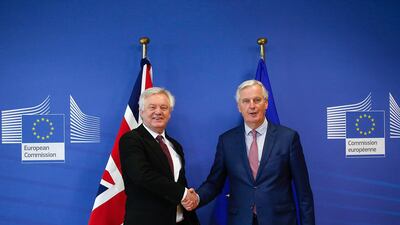 David Davis, UK Brexit secretary, left, and Michel Barnier, chief negotiator for the European Union (EU). In a move the took most analysts by surprise, the pair announced a broad agreement over the Brexit transition period, boosting the British currency.Dario Pignatelli/Bloomberg