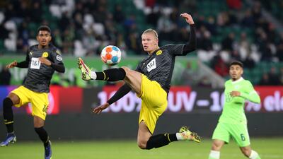 Erling Haaland scores against Wolfsburg in the Bundesliga match in November, 2021. Reuters