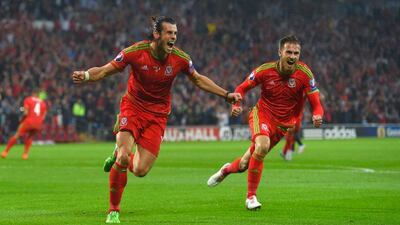 Gareth Bale of Wales celebrates his goal against Belgium in Euro 2016 qualifying Group B play on Friday night in Cardiff. Stu Forster / Getty Images / June 12, 2015