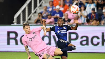 Robert Taylor of Inter Miami and Ray Gaddis of FC Cincinnati challenge for the ball. Getty