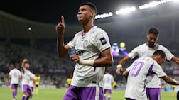 Houssine Rahimi points to the sky after scoring against Al Nassr. Chris Whiteoak / The National