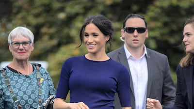 Meghan, Duchess of Sussex, wears Givenchy and Manolo Blahnik heels in Rotorua, New Zealand on October 21, 2018. Getty