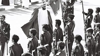 Sheikh Zayed, the founding President, reviews the new UAE Armed Forces on parade in 1976, the year he oversaw their unification. Courtesy Ittihad History Project 2011