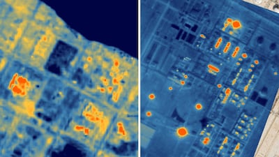 Left, a Landsat 2026 image of Ras Laffan Refinery in Qatar. Right, A zoomed SatVu 2023 image of the refinery. Photo: Handout
