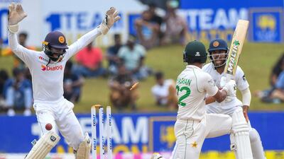Sri Lanka's wicketkeeper Niroshan Dickwella reacts as Pakistan's Hasan Ali is bowled during the final day of the second Test in Galle on Thursday, July 28, 2022. AFP