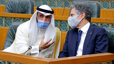 US Secretary of State Antony Blinken tours the Kuwait National Assembly in Kuwait City with Parliament Speaker Marzouq Al Ghanim.