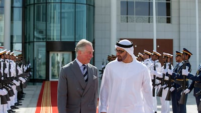 Sheikh Mohamed bin Zayed, Crown Prince of Abu Dhabi and Deputy Supreme Commander of the Armed Forces, receives Prince Charles in Abu Dhabi in February 2014. Wam