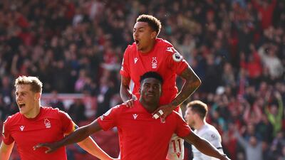 Nottingham Forest's Taiwo Awoniyi celebrates scoring against Liverpool on Saturday. Reuters