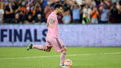 Lionel Messi scores his penalty kick for Inter Miami during the shootout against Cincinnati. Getty