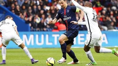 Zlatan Ibrahimovic took his season's Ligue 1 goals tally to 31 goals against Caen on Saturday, April 16, 2016. Christophe Petit Tesson / EPA