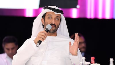 Abdulla bin Touq, Minister of Economy, speaking on the first day of Gitex Global in Dubai. Pawan Singh / The National