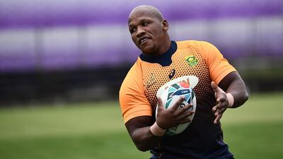 South Africa's hooker Bongi Mbonambi takes part in a training session Fuchu Asahi Football Park in Tokyo ahead of their Japan 2019 Rugby World Cup semi-final against Wales. AFP