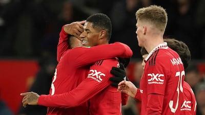 Manchester United's Marcus Rashford celebrates with teammates after scoring the second goal in the 3-0 League Cup quarter-final win against Charlton Athletic at Old Trafford on January 10, 2023. AP