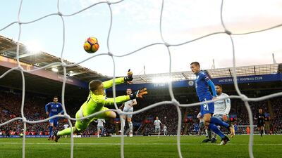 Jamie Vardy scores Leicester City's opening goal against Everton. Darren Staples / Reuters