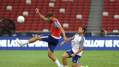 Alvaro Morata, left, of Chelsea during a training session at National Stadium on July 24, 2017 in Singapore. Lionel Ng / Getty Images