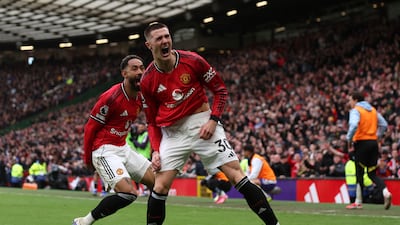 Benjamin Sesko celebrates scoring Manchester United's third goal against Aston Villa at Old Trafford on Sunday, March 15, 2026. Getty Images