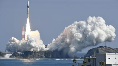 A H-IIA rocket, carrying a government information gathering radar satellite, lifts off from the launching pad at Tanegashima space centre on the Japanese island of Tanegashima on March 17, 2017. Kyodo via Reuters