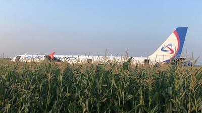 This handout picture taken and released on August 15, 2019, by the Investigative Committee of Russia shows the Ural Airlines Airbus A321 after a hard landing on a corn field outside Moscow's Zhukovsky airport. A Russian Airbus with more than 230 people aboard was forced to make an emergency landing in a corn field outside Moscow after hitting a flock of seagulls, officials said. AFP PHOTO