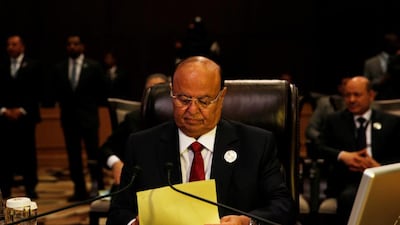 Yemeni president Abdrabu Mansur Hadi speaks during the Arab League summit in Jordan on March 29, 2017. Mohammad Hamed / Reuters
