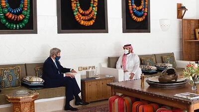 US Climate Envoy John Kerry meets with Saudi Arabia's Crown Prince, Mohammed bin Salman, during a trip to the region to discuss climate change. Courtesy of Spa