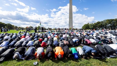 Demonstrators from American Muslims for Palestine pray during a protest against Israel's actions in Gaza. . EPA