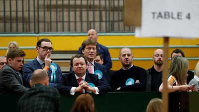 Brexit Party members watch as ballots are tallied at a counting centre for Britain's general election in Hartlepool, Britain. Reuters