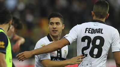 Jose Mauri and Zouhair Feddal of Parma celebrate a victory at the end of the Serie A match against Juventus at Stadio Ennio Tardini on April 11, 2015 in Parma, Italy. Marco Luzzani/Getty Images