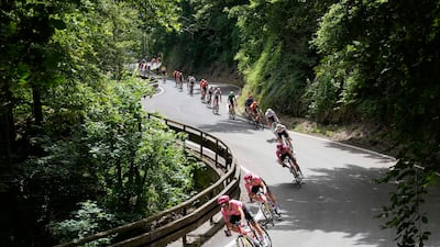The peloton speeds down Col de Valico Tre Faggi. AP