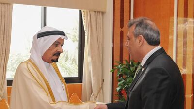 Sheikh Humaid bin Rashid, Ruler of Ajman, receives Palestinian ambassador. WAM
