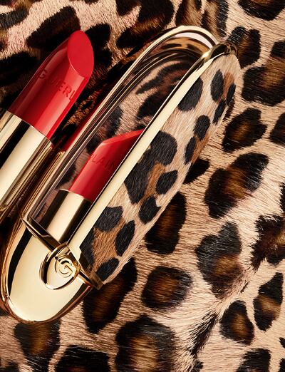 Rouge G lipstick, Dh185; double mirror jewel case in leopard print, Dh165. Photo: Guerlain