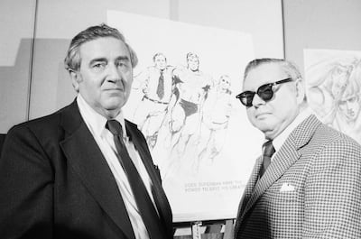 Superman creators Jerry Siegel and Joe Shuster with sketches of their creation. The pair signed away their rights to royalties for $65 apiece in 1938. Photo: Bettmann Archive