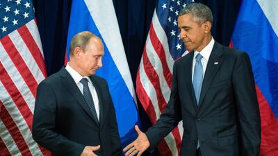 Russian president Valdimir Putin, left, with US president Barack Obama at the United Nations headquarters in New York City. Sergei Guneyev / EPA