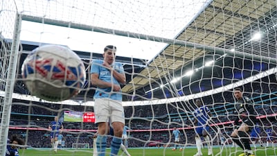 The ball hits the back of the net after Manchester City's Bernardo Silva, not pictured, scores against Chelsea. AP