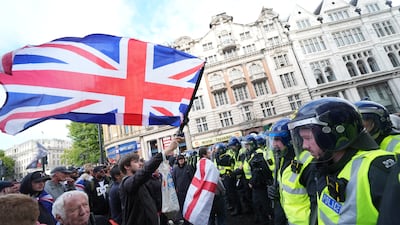 The Unite The Kingdom march and rally in central London. Metropolitan Police said the city's Muslim residents should not be put off their day-to-day activities by the far-right demonstration on Saturday. PA