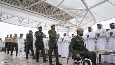 Members of the UAE Armed Forces who served in Yemen participate in a medal ceremony during a Sea Palace barza. Mohammed Al Hammadi / Crown Prince Court - Abu Dhabi. Mohamed Al Hammadi / Crown Prince Court - Abu Dhabi.