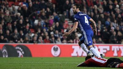 Cesc Fabregas celebrates after scoring the only goal of the game as Chelsea beat Sunderland on Wednesday night to secure their 10th successive Premier League victory. Oli Scarff / AFP