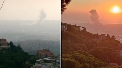 A view of explosions in Lebanon from Lemma Shehadi's balcony in 2006 and 2024. Lemma Shehadi / The National