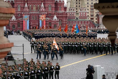 Russian servicemen march on Red Square during the Victory Day military parade in central Moscow on May 9. AFP