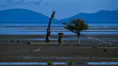 A woman walks home after fishing at a beach in Indonesia's Aceh province. AFP