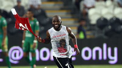 Ten-man Ahli eventually held on to the end of the game giving the Dubai side a famous victory. Basheer Al Hammadi celebrates on the whistle even as Shabab players look despondent in the background. Satish Kumar / The National