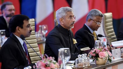 Mr Jaishankar addresses his counterparts at the meeting. Reuters