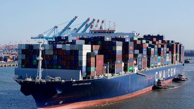 A container ship leaves a US port. Heavy congestion off Los Angeles and China's Ningbo-Zhoushan has reduced trade. AP Photo