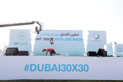 Joe Wicks on stage in Dubai last year for the Dubai Fitness Challenge. Chris Whiteoak / The National